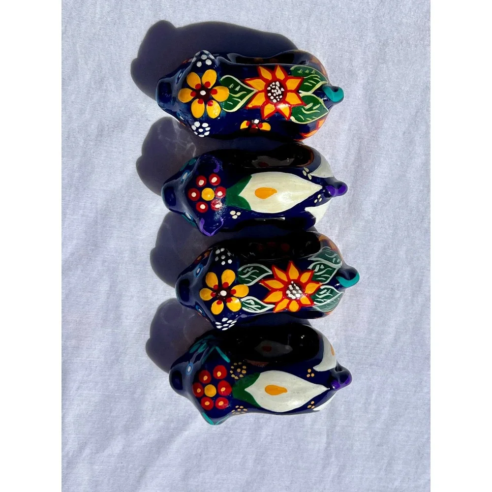 Talavera Pig Napkin Rings Set of 4 Hand Painted Mexican Pottery Floral Blue
